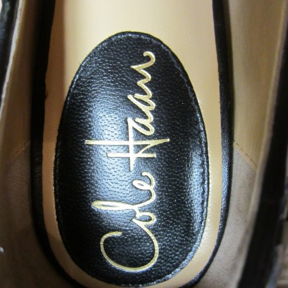 Cole Haan Black Leather Woven Peep-Toe Heels - Picture 4 of 8